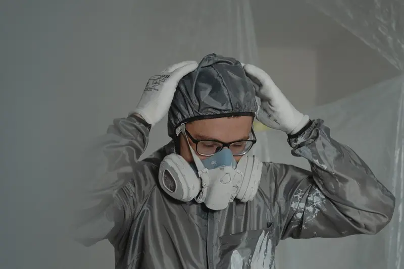 Mold remediation worker in a protective suit and respirator, the gear worn inside containment in Cary, NC homes