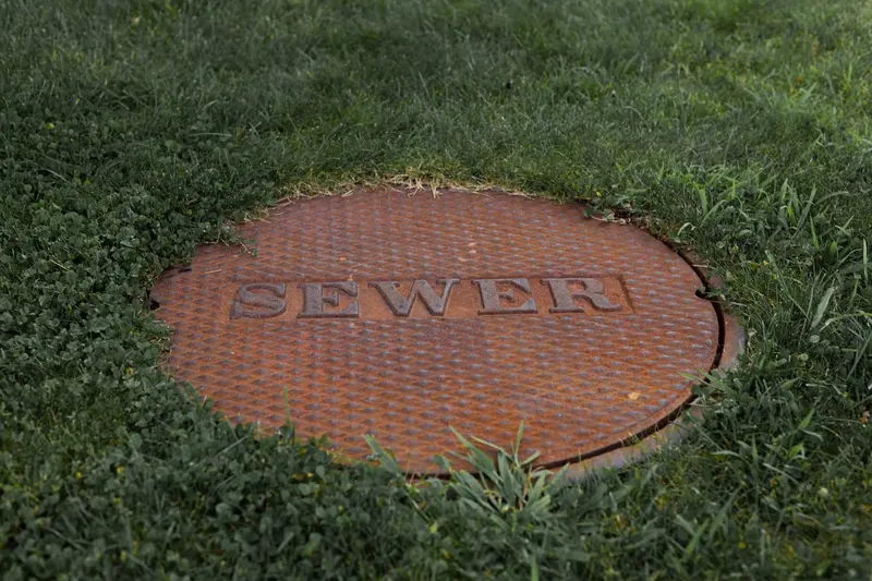 Sewer manhole cover in a lawn, part of the public sewer system that serves homes in Cary, NC