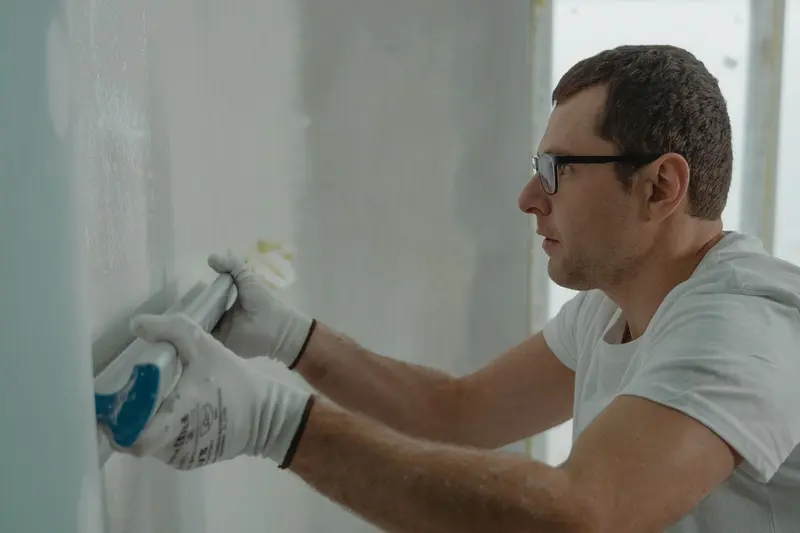 Worker applying joint compound to new drywall during water damage repair in Cary, NC