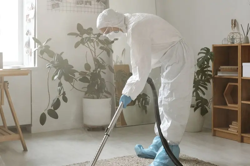 Worker in protective clothing running a vacuum wand over living room carpet, the kind of cleanup wet carpet needs in Cary, NC